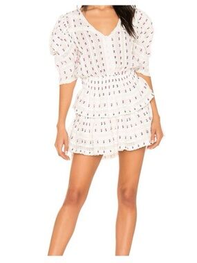 LoveShackFancy White Mini Dress with Pink Floral Embroidery